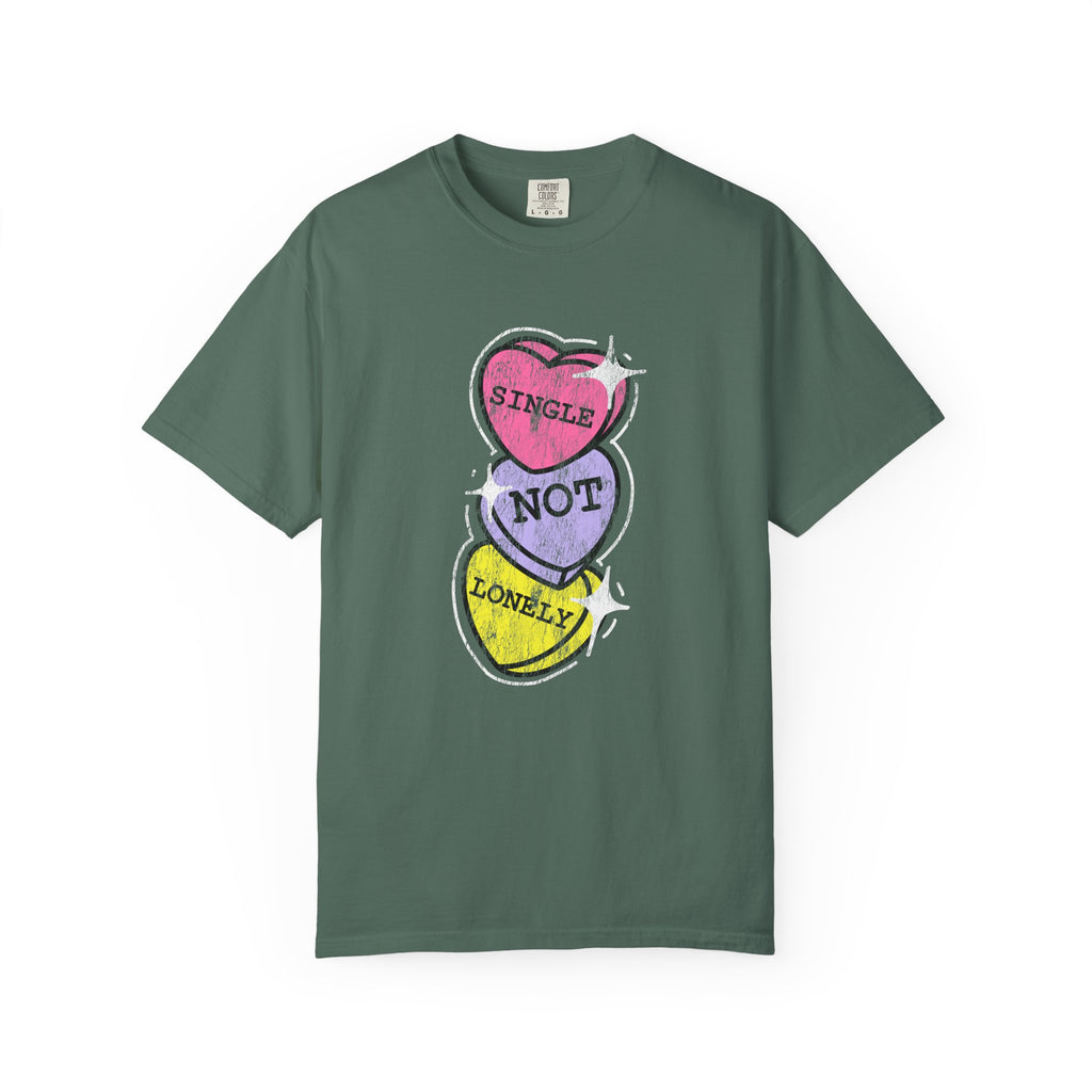 Singles Valentine T-Shirt — "Single Not Lonely" Vintage Candy Hearts Tee