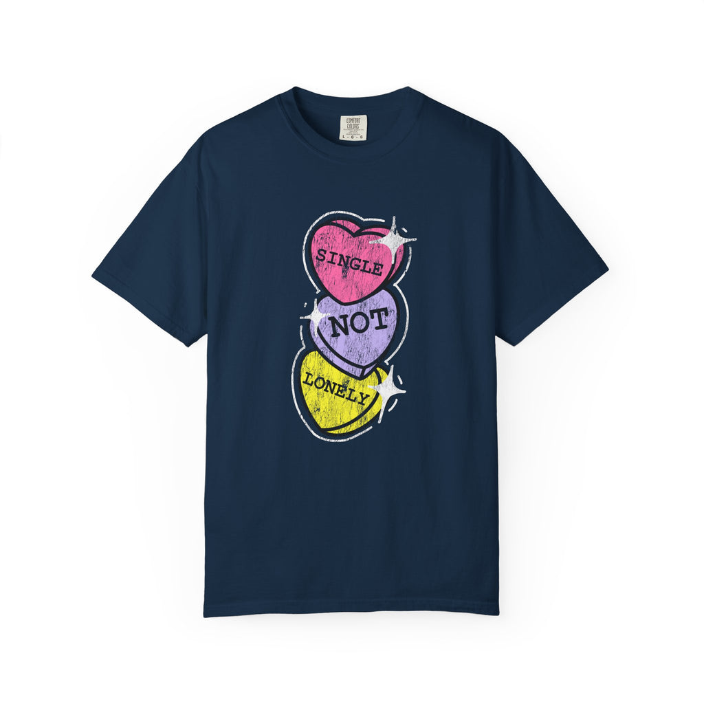 Singles Valentine T-Shirt — "Single Not Lonely" Vintage Candy Hearts Tee
