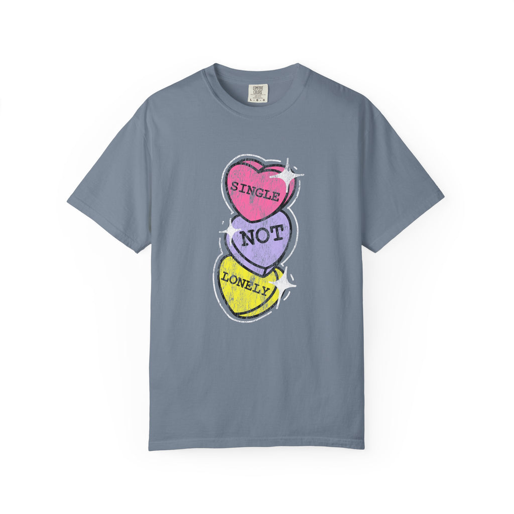 Singles Valentine T-Shirt — "Single Not Lonely" Vintage Candy Hearts Tee