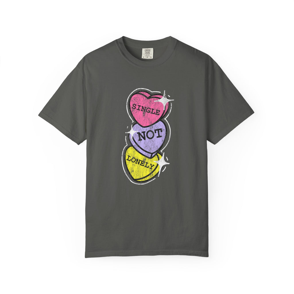 Singles Valentine T-Shirt — "Single Not Lonely" Vintage Candy Hearts Tee
