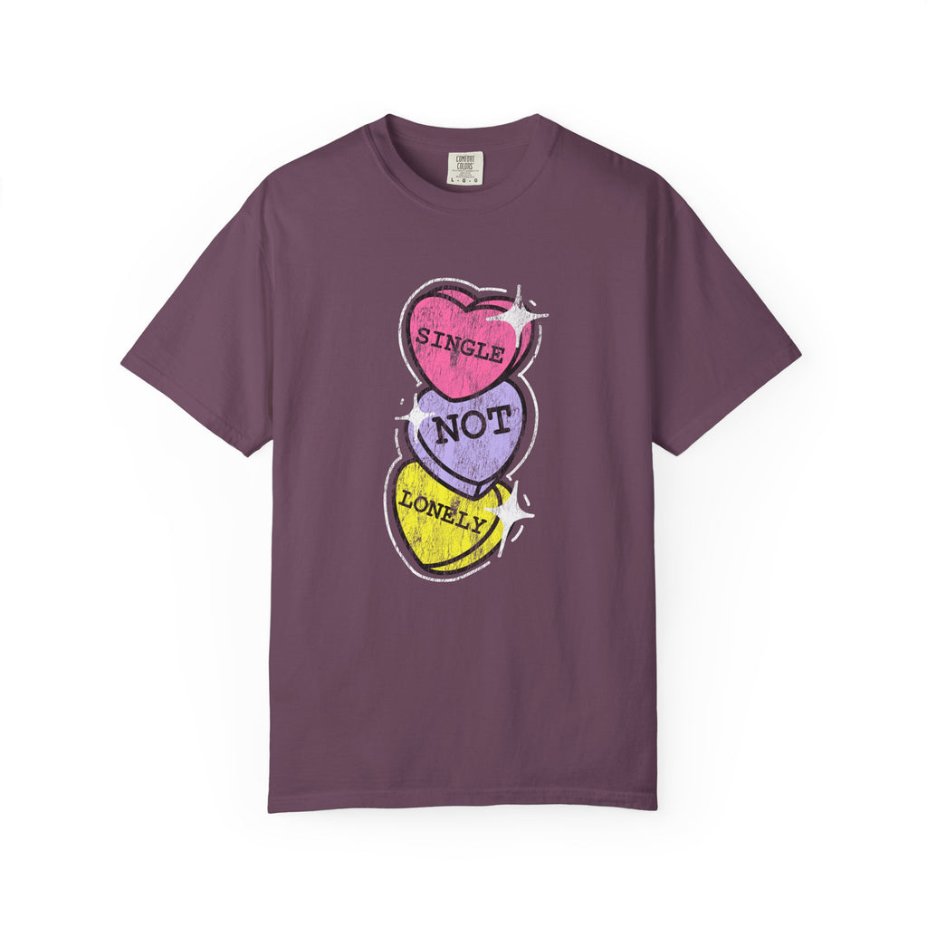 Singles Valentine T-Shirt — "Single Not Lonely" Vintage Candy Hearts Tee