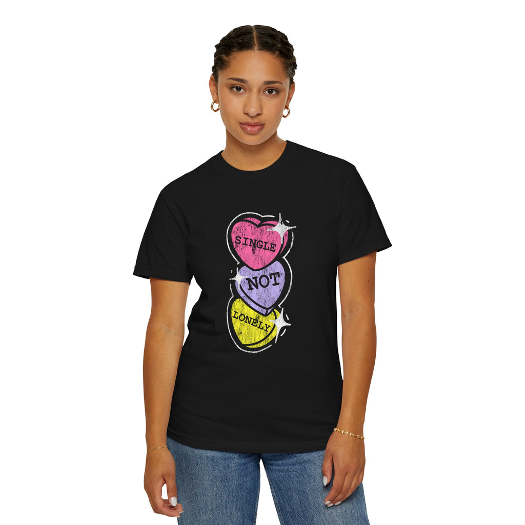 Singles Valentine T-Shirt — "Single Not Lonely" Vintage Candy Hearts Tee