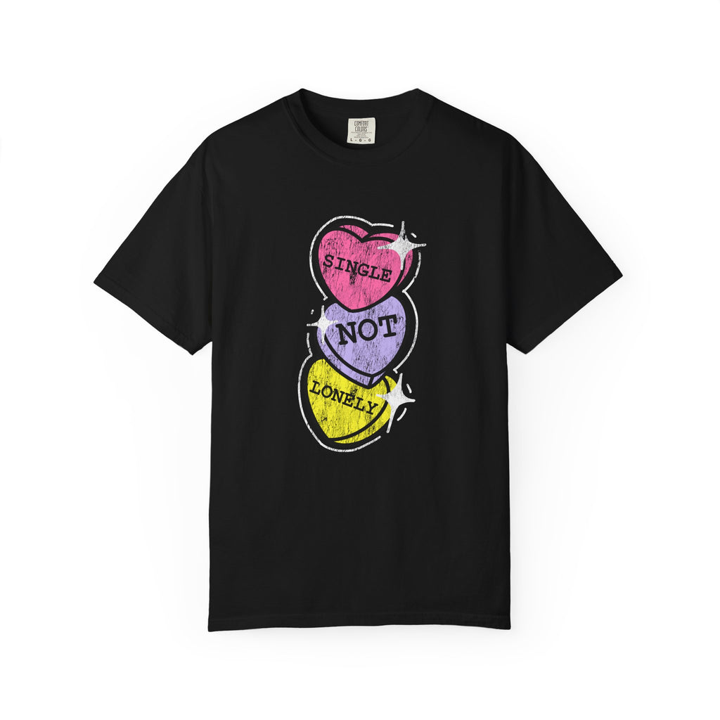 Singles Valentine T-Shirt — "Single Not Lonely" Vintage Candy Hearts Tee