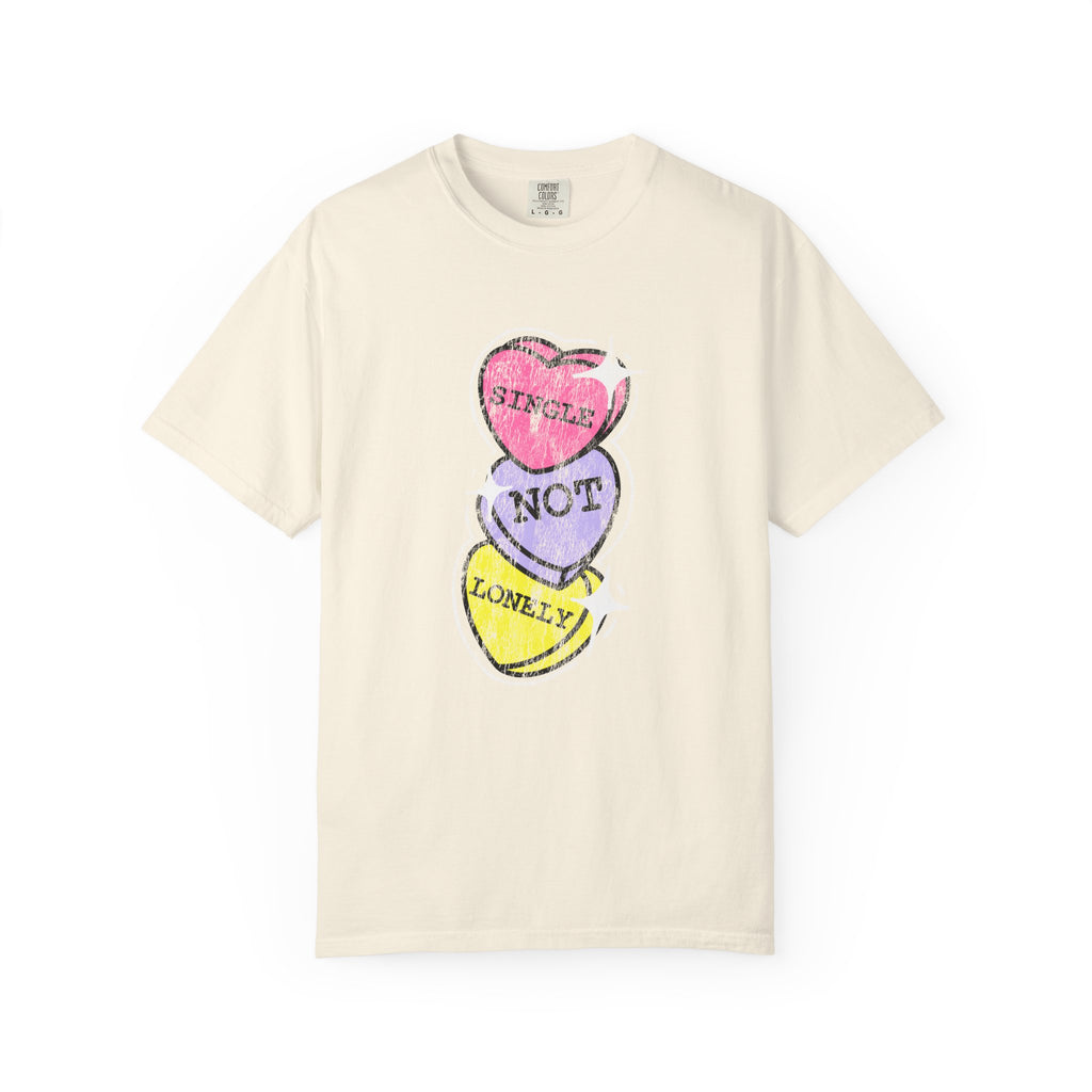 Singles Valentine T-Shirt — "Single Not Lonely" Vintage Candy Hearts Tee