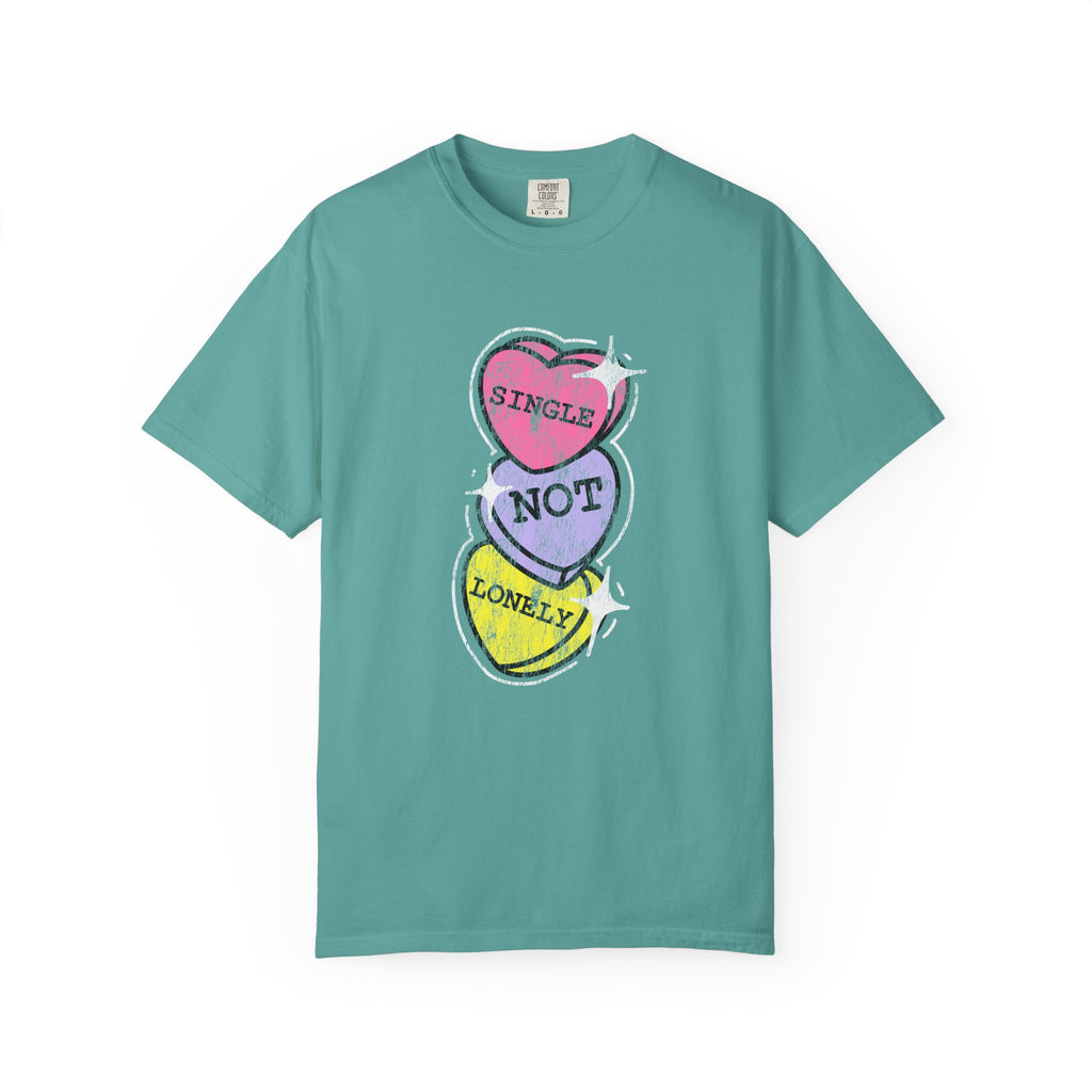Singles Valentine T-Shirt — "Single Not Lonely" Vintage Candy Hearts Tee