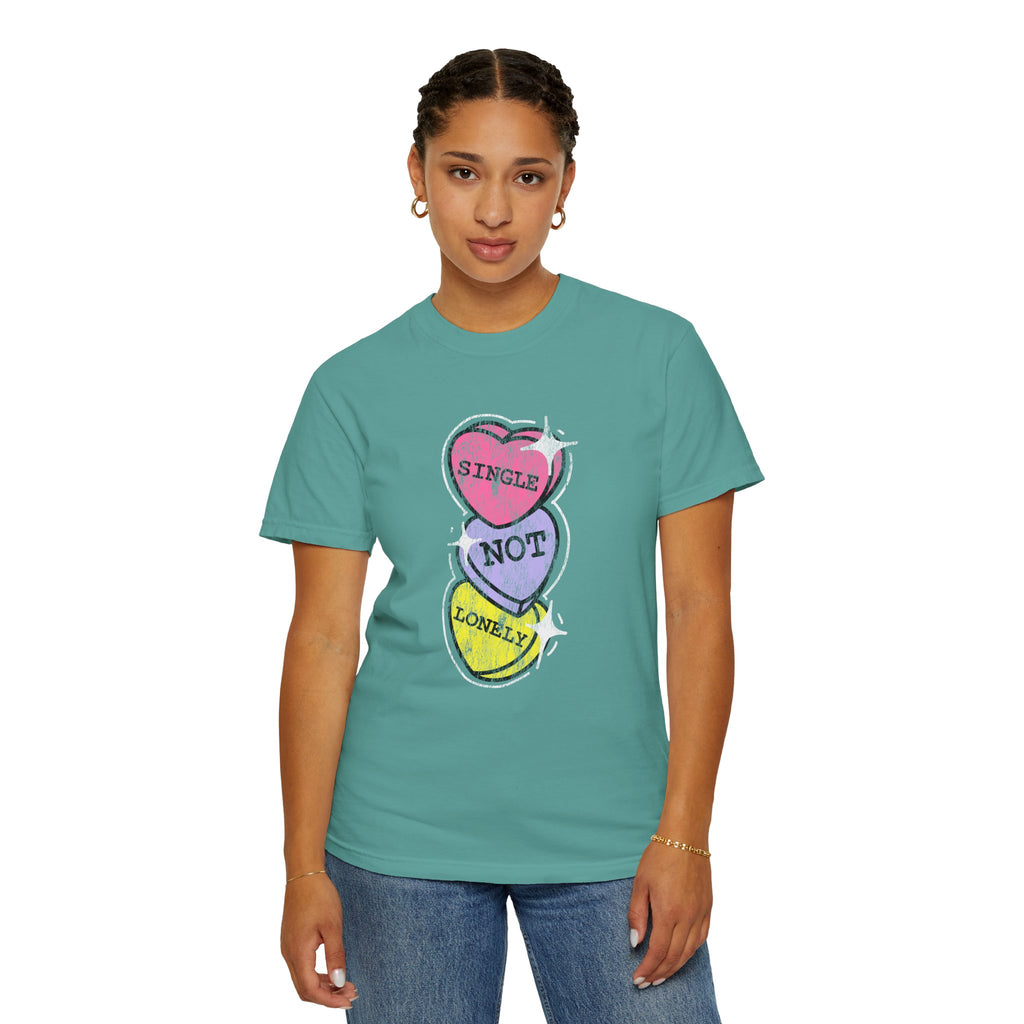 Singles Valentine T-Shirt — "Single Not Lonely" Vintage Candy Hearts Tee